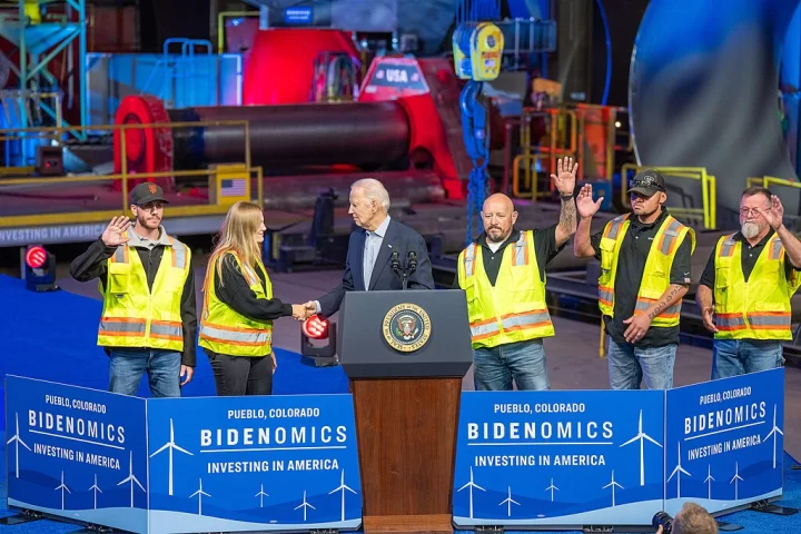 President Joe Biden is joined onstage by workers after his remarks on job growth and clean energy investments under the Inflation Reduction Act, Wednesday, November 29, 2023, at CS Wind America, Inc. in Pueblo, Colorado. (Official White House Photo by Adam Schultz)
